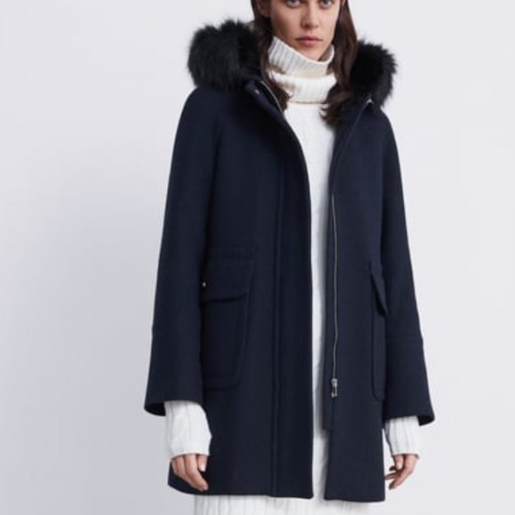 ZARA NAVY BLUE WOOL BLEND DETACHABLE FAUX FUR HOOD COAT WITH POCKETS $129 - Picture 3 of 14